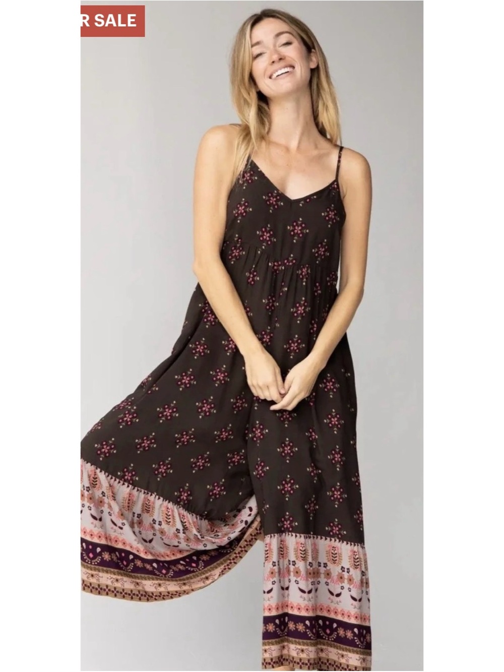 Boho Floral Print Spaghetti Strap jumpsuit - Brown